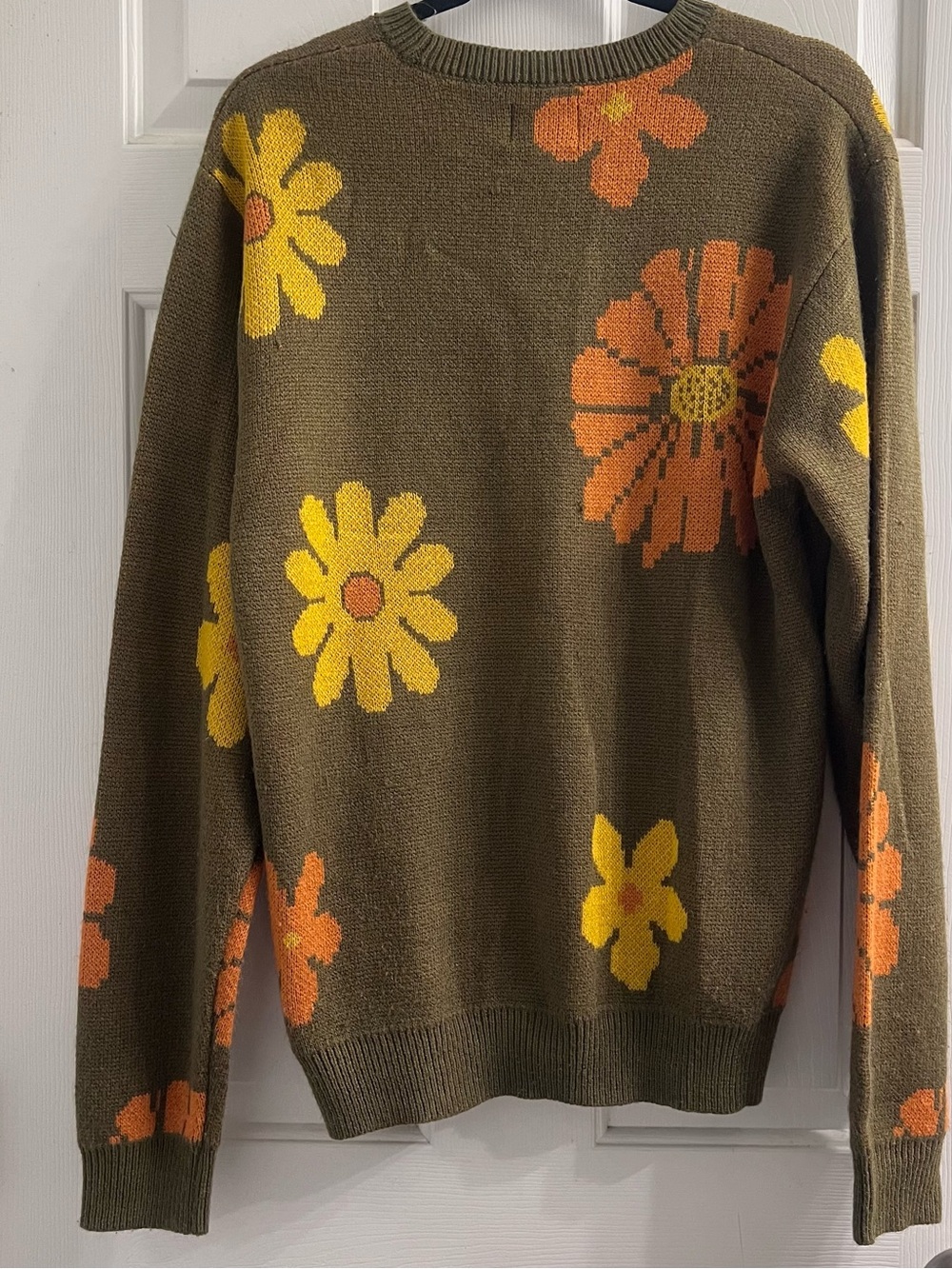 Olive Floral Crewneck Sweater Yellow & Orange Flower Motif Knit Retro Hippie L - Picture 3 of 5